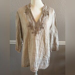 Tommy Bahama 100% Ramie Tunic Blouse M Beige Embroidered Boho Linen Look Beachy